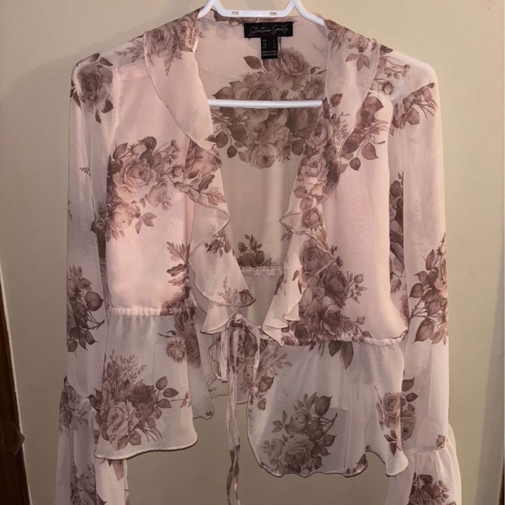 Charlotte Russe Floral Tie-Front Blouse - Cream and Brown